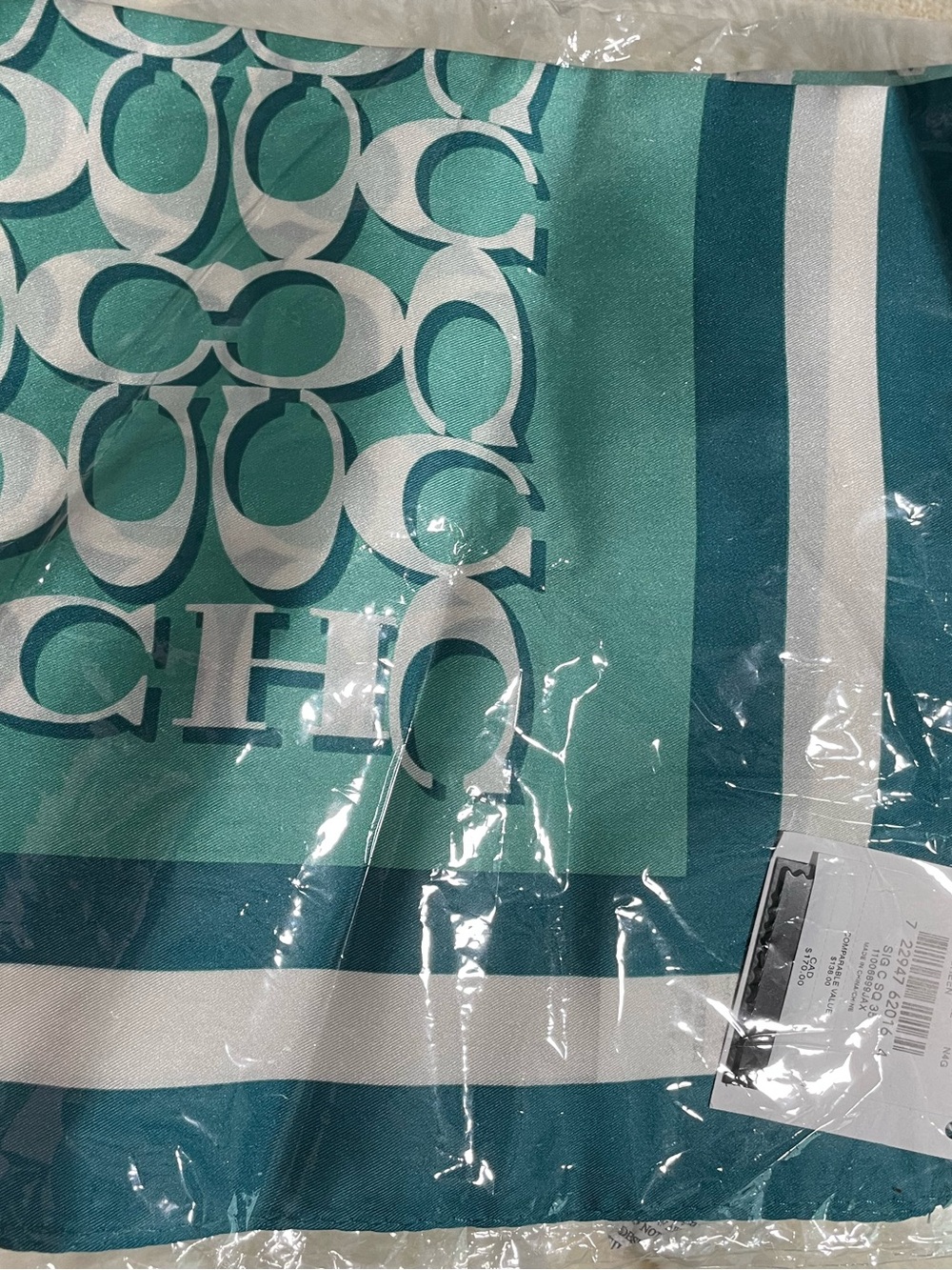 NWT Coach Teal and White Signature 100% Silk Scarf - Picture 2 of 5